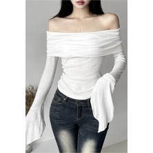 İsra Ayyıldız Moonstar Collection Vintage 2000'S Ispanyol Kollu Madonna Yaka Uzun Kollu Bluz