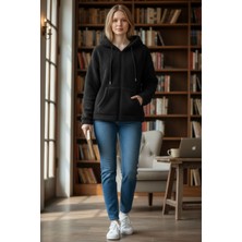 Risil-Nu Company Kadın Peluş Fermuarlı Kapüşonlu Polar Sweatshirt – Yumuşak Dokulu Rahat Oversize Model