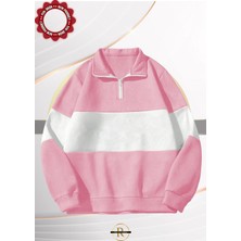 Risil-Nu Company Unisex Siyah Çizgili Oversize Polo Yaka Yarım Fermuarlı Sweatshirt