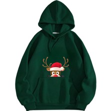 Risil-Nu Company Yılbaşı Özel Unisex 3 Iplik Içi Şardonlu Kapüşonlu Sweatshirt - Geyik ve Noel Baba Temalarıyla