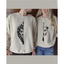 Risil-Nu Company Kış Sezonuna Özel %100 Pamuklu Aslan Baskılı Sıfır Yaka Sevgili Kombini Sweat