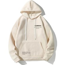 Risil-Nu Company Unisex Bej 3 Iplik Happiest Baskılı Oversize Kapşonlu Sweatshirt