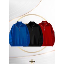 Risil-Nu Company Yeni Sezon Içi Şardonlu Yarım Fermuarlı Saks Mavisi-Siyah-Kırmızı Sweatshirt