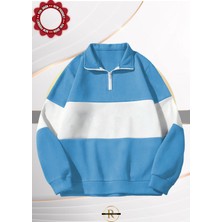 Risil-Nu Company Unisex Siyah Çizgili Oversize Polo Yaka Yarım Fermuarlı Sweatshirt