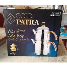 UltraMint Gold Patra Büyük Çelik Çaydanlık Seti, Aile Boyu, Metal Kulp, Dayanıklı