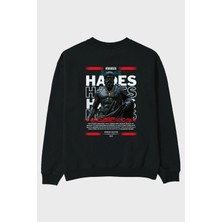 Ankhises Hades 1 Mitoloji Arka Baskılı Siyah Oversize Sweatshirt Erkek Kadın Bisiklet Yaka