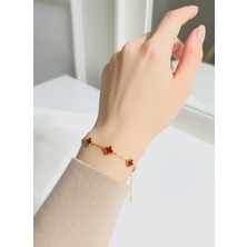 Atalya Accessory Mini Yonca Kadın Bileklik – Bordo Taşlı, Paslanmaz Çelik, Kararma Yapmaz, Sevgiliye Hediye