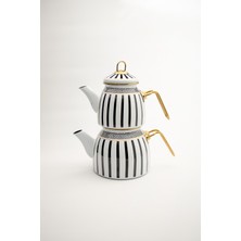 UltraMint Şık Siyah Beyaz Çizgili Emaye Çaydanlık Takımı, Metal Kulplu, Lüks Tasarım