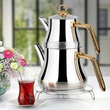 UltraMint Naz Mini Çelik Çaydanlık Takımı, Altın Desenli, Şık ve Dayanıklı
