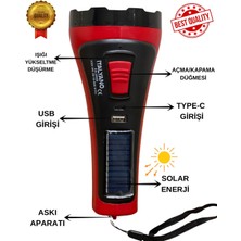 İtalyano Solar Şarjlı LED El Feneri | Type-C & USB Çıkışlı | Güç Ayarlı | Powerbank Özellikli