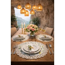 Rona Home Zeytin Desenli Dantel Kenarlı Supla - 40 cm Yuvarlak Dijital Baskılı Leke Tutmaz Servis Altlığı