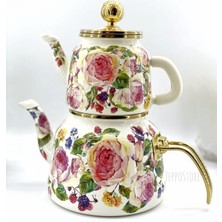 UltraMint Şık Emaye Çaydanlık Seti Gül Desen, Zarif ve Dayanıklı Tasarım