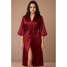 Maram Bordo Uzun Saten Dirseklerin Altında Biten Kollar Sabahlık Kimono