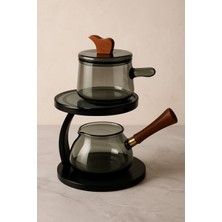 UltraMint Füme Akasya Saplı Otantik Borosilikat Cam Ikili Bitki Çayı Demliği 350 ml