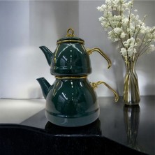 UltraMint Emaye Çaydanlık Takımı, Altın Kulplu, Çift Katlı, Şık ve Dayanıklı