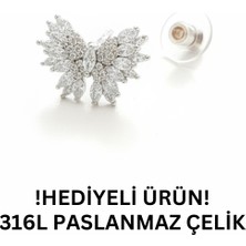Stelo Forte Zirkon Taşlı Kelebek Figürlü Çelik Küpe Gümüş Renk Küpe