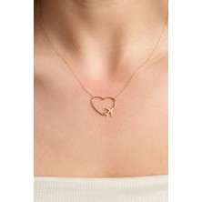 Kolyecik 14 Ayar Altın Kalpli Uçak Kolye