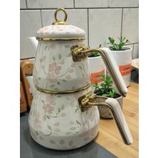 UltraMint Şık Desenli Emaye Çaydanlık Takımı, Altın Renkli, 1l + 2l Set