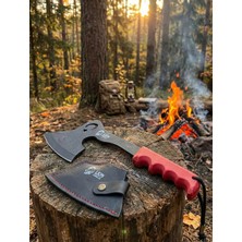 Aslan Taktikal Kamp Baltası- Türk Bayrağı Motifli-Özel Deri Kılıflı Bushcraft Outdoor El Baltası