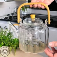 UltraMint 1000ML Bambu Kapaklı Isıya Dayanıklı Cam Bitki Çayı Demliği Cam Süzgeçli