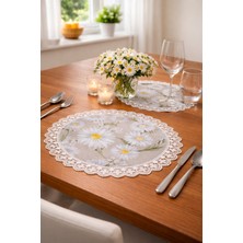 Rona Home 6 Adet Pamuklu Dantel Kenarlı Supla Takımı - Vintage Papatya Desenli Masa Matı