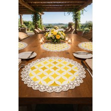 Rona Home Lüks Güpürlü Supla Seti 6 Kişilik Sarı Geometrik Desenli Dantelli Yemek Masası Servis Altlığı Takımı