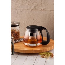 UltraMint Siyah Kulplu Cam Çaycı Demliği 1250 ml Süzgeçli Şık ve Kullanışlı