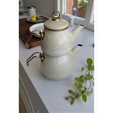 UltraMint Krem Renkli Emaye Gold Kulplu Çaydanlık 1,4l ve 2,5l Set