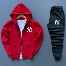 Risil-Nu Company Yeni Sezon Pamuklu Içi Şardonlu Kapüşonlu Cepli Ny Baskılı Sweat Ceket ve Eşofman Altı 2'li Takım