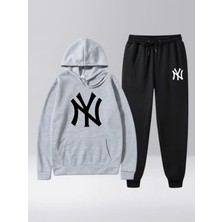 Risil-Nu Company Yeni Sezon New York Baskılı Pamuklu Kapüşonlu Sweatshirt & Kışlık Eşofman Altı 2'li Takım