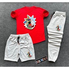 Risil-Nu Company Unisex Efsane Kombin Yazlık Şort-Eşofman Altı-Tişört Slim Fit 3'lü Rick Baskılı Takım Kombin Alt Üst