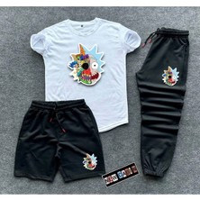 Risil-Nu Company Unisex Efsane Kombin Yazlık Şort-Eşofman Altı-Tişört Slim Fit 3'lü Rick Baskılı Takım Kombin Alt Üst