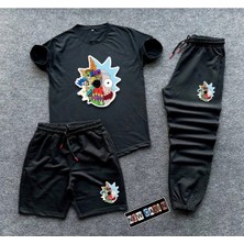 Risil-Nu Company Unisex Efsane Kombin Yazlık Şort-Eşofman Altı-Tişört Slim Fit 3'lü Rick Baskılı Takım Kombin Alt Üst
