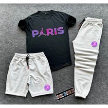 Risil-Nu Company Yeni Sezon Paris Baskılı Trend 3’lü Tişört-Eşofman-Şort Slim Fit Takım Alt Üst