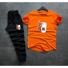 Risil-Nu Company Unisex Oval Kesimli Slim Fit El Ny Baskılı Turuncu Tişört Siyah Renk Eşofman Alt Üst Takım