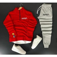 Risil-Nu Company Unisex Nasa Baskılı Yarım Fermuarlı Siyah Sweat- Siyah Pamuklu Eşofman Altı Takım Alt Üst 2'li