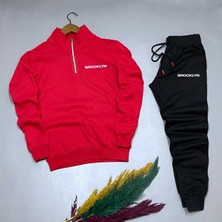 Risil-Nu Company Yeni Sezon Pamuklu Yarım Fermuarlı Brooklyn Baskılı Sweat- Pamuklu Eşofman Altı Takım 2'li Alt Üst