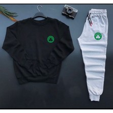 Risil-Nu Company Yeni Sezon Unisex Cltc Baskılı Siyah Pamuklu Sıfır Yaka- Pamuklu Gri Eşofman Altı Takım 2'li