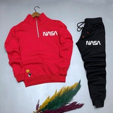 Risil-Nu Company Unisex Nasa Baskılı Yarım Fermuarlı Pamuklu Kırmızı Sweat- Siyah Pamuklu Eşofman Altı Takım Alt Üst