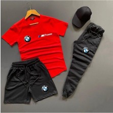 Risil-Nu Company Şort-Eşofman Altı-Tişört Slim Fit 3'lü Kırmızı Siyah Takım Kombin
