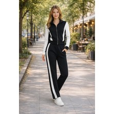 DNRYSL Kadın Fermuarlı Şerit Detaylı Eşofman Takımı Siyah Bol Paça