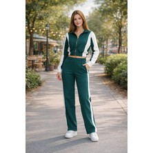 DNRYSL Kadın Fermuarlı Şerit Detaylı Eşofman Takımı Zümrüt Yeşili  Bol Paça