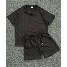 Risil-Nu Company Premium Pamuklu Petek Kumaş Kendinden Desenli Unisex Polo Yaka T-Shirt ve Şort Takım