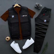 Risil-Nu Company Basic Bmw Mpower Baskılı Kapitone Yelek -Yazlık Eşofman Altı -T-Shirt 3'lü Alt Üst Takım