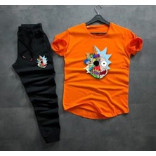 Risil-Nu Company Unisex Oval Kesimli Slim Fit Ricky And Morty Baskılı Turuncu Tişört Siyah Renk Eşofman Takım 2li