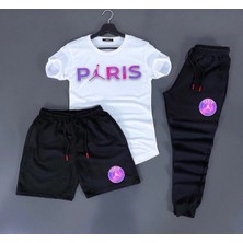 Risil-Nu Company Yeni Sezon Paris Baskılı Trend 3’lü Tişört-Eşofman-Şort Slim Fit Takım Alt Üst