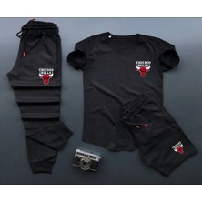Risil-Nu Company 3'lü Unisex Yazlık Şort-Eşofman Altı-Tişört Slim Fit Bulls Baskılı Takım Kombin Alt Üst
