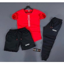 Risil-Nu Company 3'lü Unisex Şort-Eşofman Altı-Tişört Slim Fit Nasa Çizgi Baskılı Takım Kombin Alt Üst