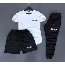 Risil-Nu Company Unisex Yazlık Nasa Baskılı Şort T-Shirt Eşofman Altı 3’lü Set