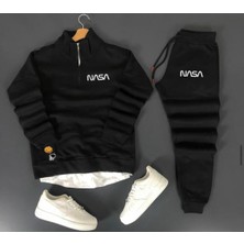 Risil-Nu Company Unisex Nasa Baskılı Yarım Fermuarlı Siyah Sweat- Siyah Pamuklu Eşofman Altı Takım Alt Üst 2'li